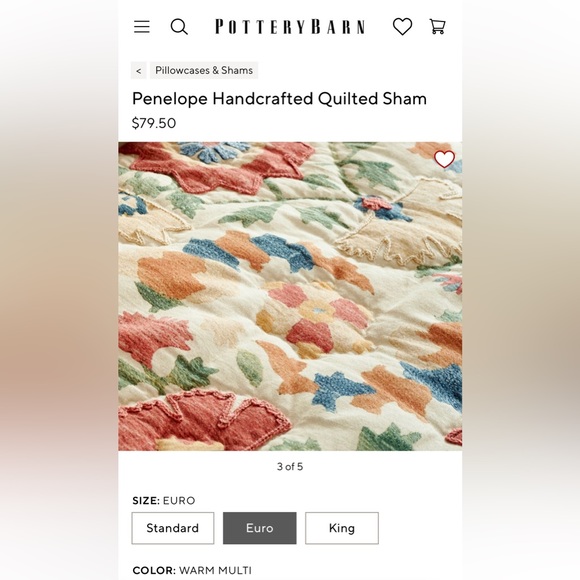 NEW Pottery Barn Penelope Handcrafted Quilted Sham, Euro Pillow BLUE Applique - Picture 8 of 10